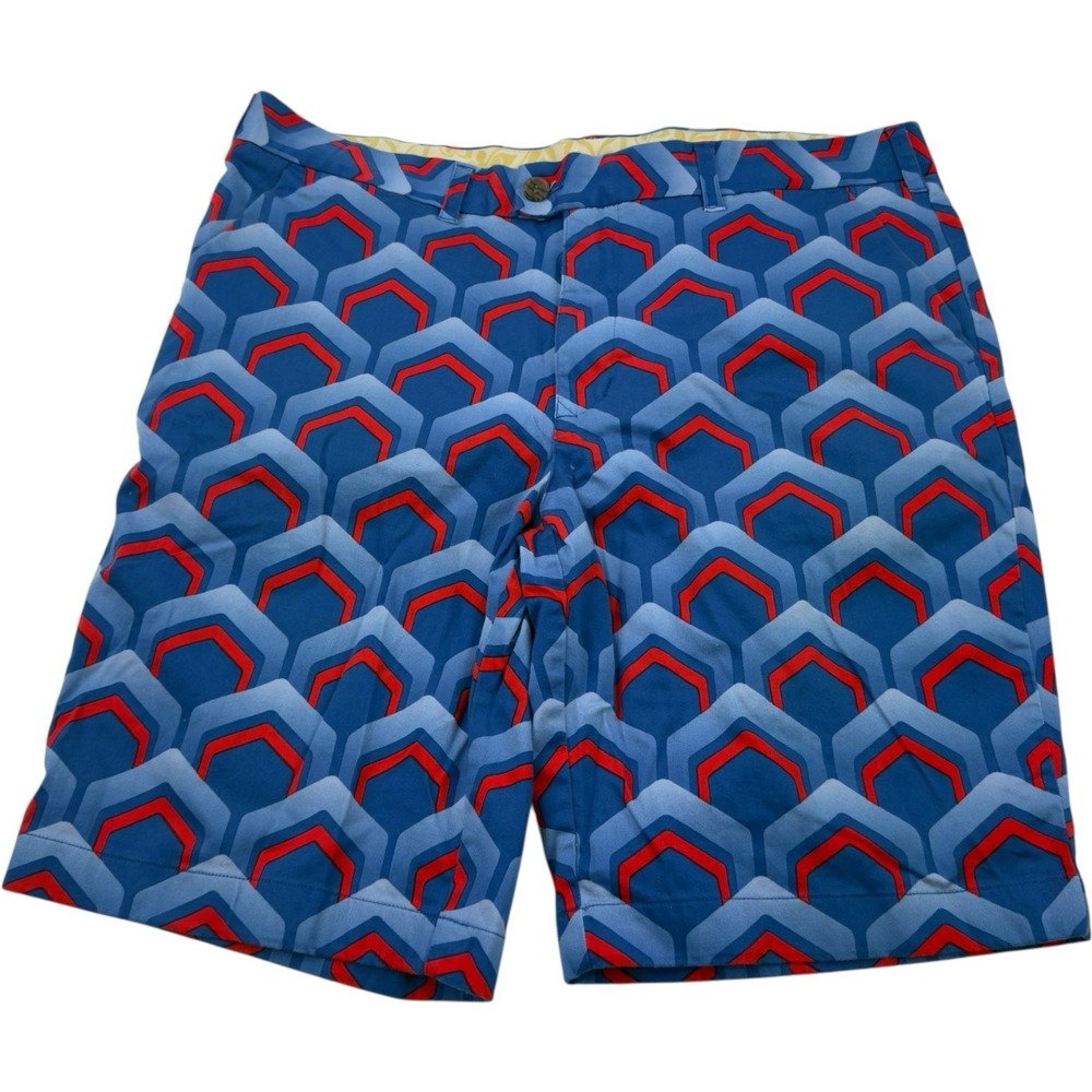 Loudmouth Blue & Red Geometric Flat Front Golf Shorts Cotton Spandex Men's 38x10
